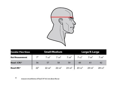 Diagram of a head with a red measurement line above the ear displays the Flex Tactical Cap size chart (Condor)—ranges from Small/Medium to Large/XL in cm and inches. Ideal for law enforcement, EDC, or bushcraft.
